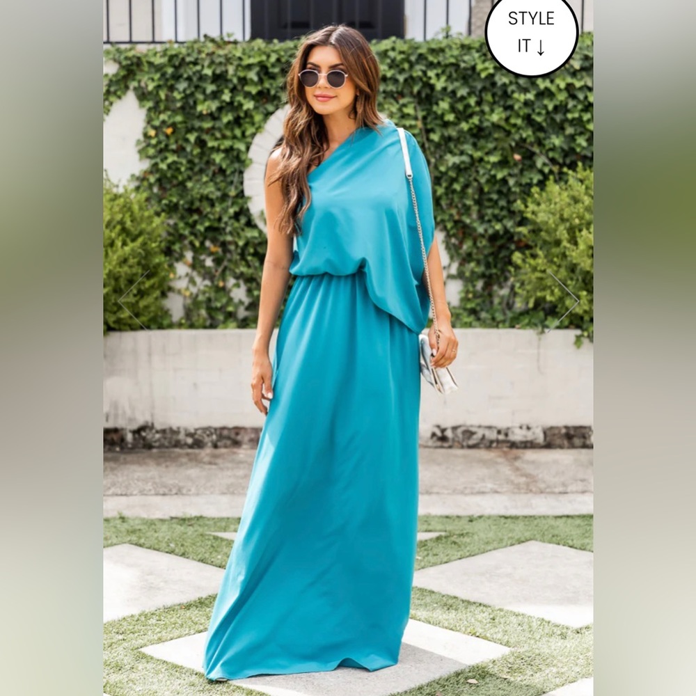 Pink Lily FOUND MY FOREVER TEAL ONE SHOULDER MAXI DRESS